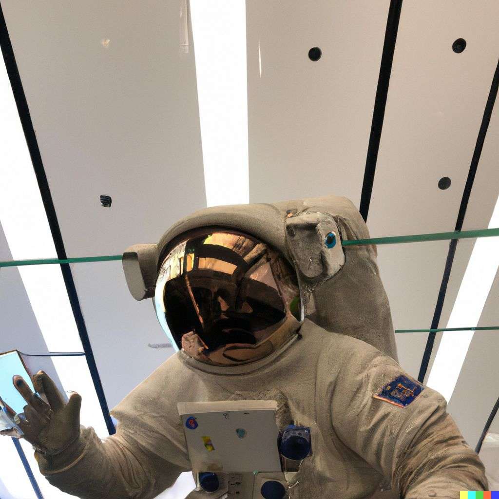 an astronaut in an Apple Store